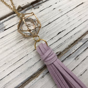 TASSEL NECKLACE - TIFFANIE    ||  LILAC TASSEL WITH GOLD CAGE BEAD WITH CLEAR GEM