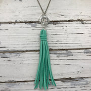 TASSEL NECKLACE - TIFFANIE    ||  MINT TASSEL WITH SILVER CAGE BEAD WITH CLEAR GEM