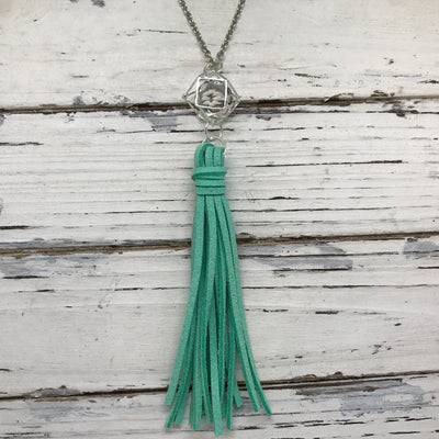 TASSEL NECKLACE - TIFFANIE    ||  MINT TASSEL WITH SILVER CAGE BEAD WITH CLEAR GEM