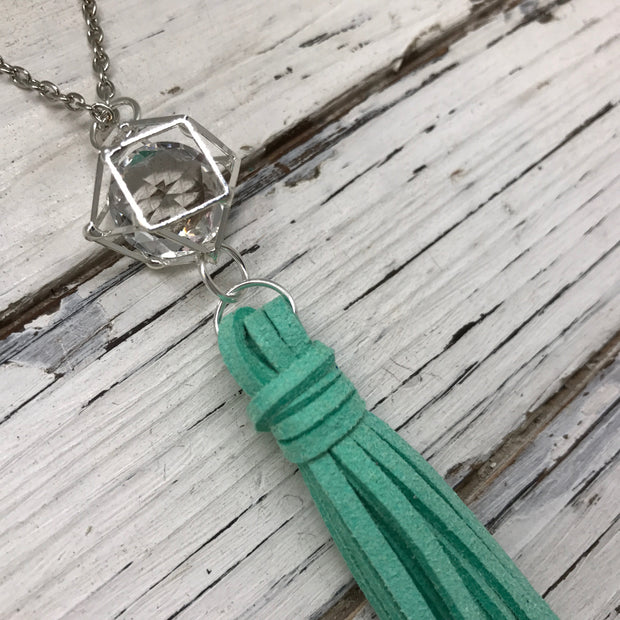 TASSEL NECKLACE - TIFFANIE    ||  MINT TASSEL WITH SILVER CAGE BEAD WITH CLEAR GEM