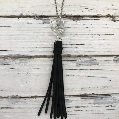 TASSEL NECKLACE - TIFFANIE    ||  BLACK TASSEL WITH SILVER CAGE BEAD WITH CLEAR GEM