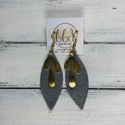 SUEDE + STEEL *Limited Edition* COLLECTION ||  Leather Earrings || GOLD BRASS LEAVES, <BR> SHIMMER GRAY