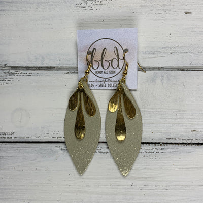 SUEDE + STEEL *Limited Edition* COLLECTION ||  Leather Earrings || GOLD BRASS LEAVES, <BR> SHIMMER GOLD