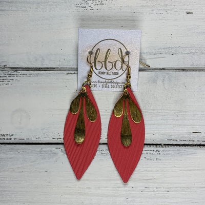 SUEDE + STEEL *Limited Edition* COLLECTION ||  Leather Earrings || GOLD BRASS LEAVES, <BR> CORAL/SALMON PALMS