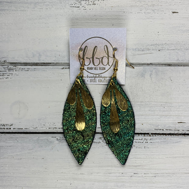 SUEDE + STEEL *Limited Edition* COLLECTION ||  Leather Earrings || GOLD BRASS LEAVES, <BR> SHIMMER IRIDESCENT GREEN