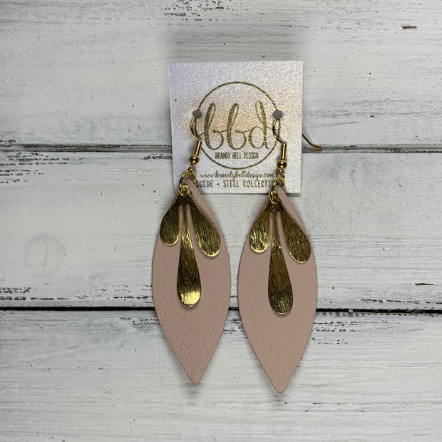 SUEDE + STEEL *Limited Edition* COLLECTION ||  Leather Earrings || GOLD BRASS LEAVES, <BR> BLUSH PINK