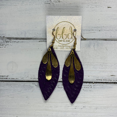 SUEDE + STEEL *Limited Edition* COLLECTION ||  Leather Earrings || GOLD BRASS LEAVES, <BR> DARK PURPLE BRAIDED
