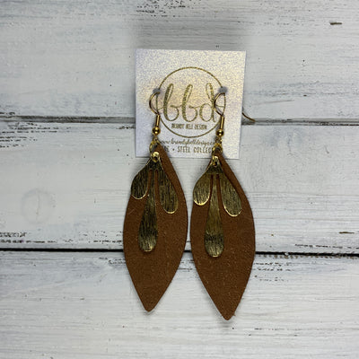 SUEDE + STEEL *Limited Edition* COLLECTION ||  Leather Earrings || GOLD BRASS LEAVES, <BR> DISTRESSED BROWN
