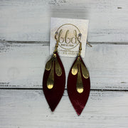 SUEDE + STEEL *Limited Edition* COLLECTION ||  Leather Earrings || GOLD BRASS LEAVES, <BR> METALLIC CRANBERRY SMOOTH