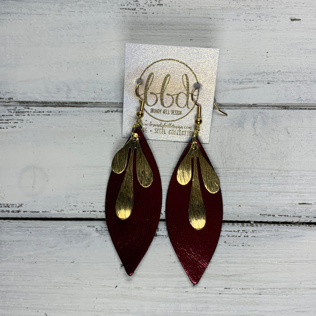 SUEDE + STEEL *Limited Edition* COLLECTION ||  Leather Earrings || GOLD BRASS LEAVES, <BR> METALLIC CRANBERRY SMOOTH