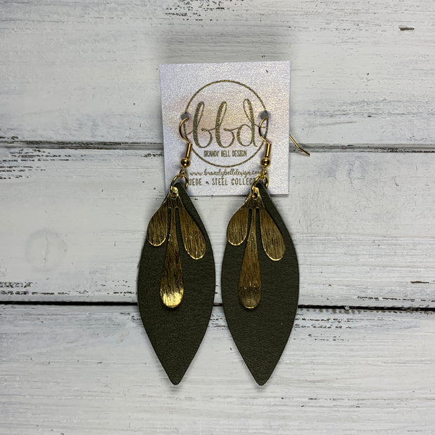 SUEDE + STEEL *Limited Edition* COLLECTION ||  Leather Earrings || GOLD BRASS LEAVES, <BR> MATTE OLIVE GREEN