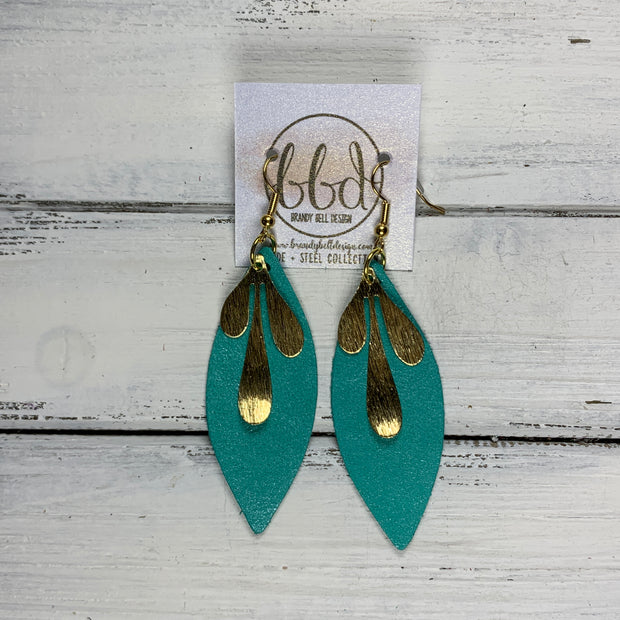 SUEDE + STEEL *Limited Edition* COLLECTION ||  Leather Earrings || GOLD BRASS LEAVES, <BR> PEARLIZED AQUA