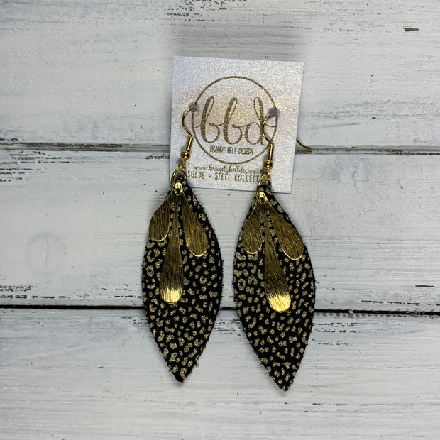 SUEDE + STEEL *Limited Edition* COLLECTION ||  Leather Earrings || GOLD BRASS LEAVES, <BR> GOLD & BLACK MINI CHEETAH