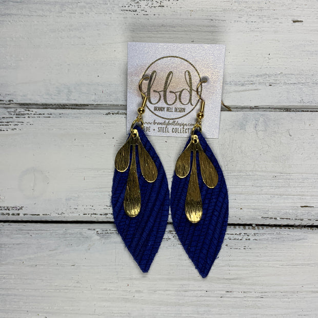 SUEDE + STEEL *Limited Edition* COLLECTION ||  Leather Earrings || GOLD BRASS LEAVES, <BR> COBALT BLUE PALMS