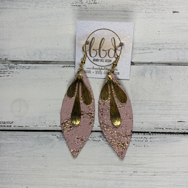 SUEDE + STEEL *Limited Edition* COLLECTION ||  Leather Earrings || GOLD BRASS LEAVES, <BR> PINK & ROSE GOLD NORTHERN LIGHTS