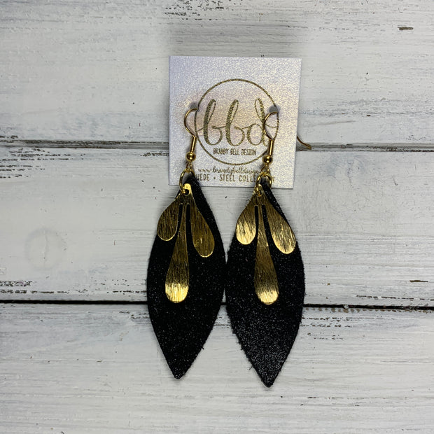 SUEDE + STEEL *Limited Edition* COLLECTION ||  Leather Earrings || GOLD BRASS LEAVES, <BR> SHIMMER BLACK
