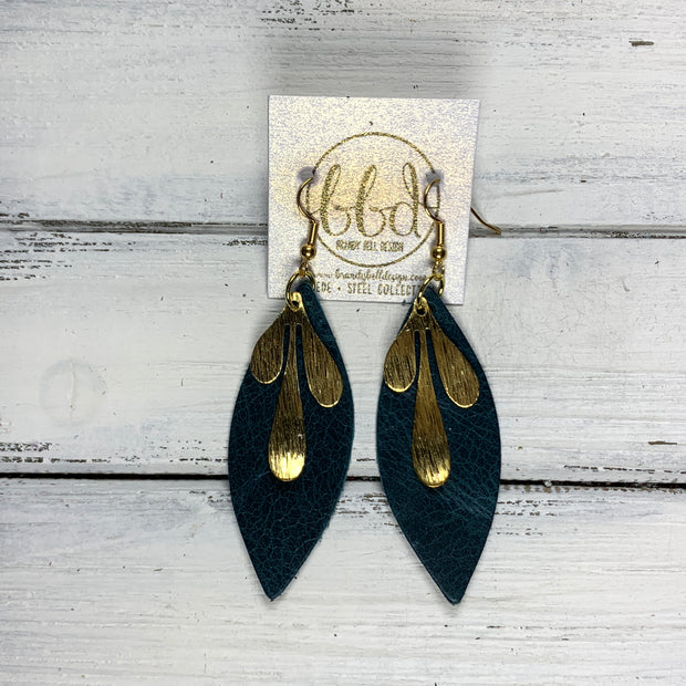 SUEDE + STEEL *Limited Edition* COLLECTION ||  Leather Earrings || GOLD BRASS LEAVES, <BR> DISTRESSED TEAL
