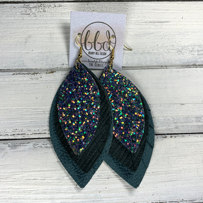 GINGER - Leather Earrings  ||  <BR>  FORREST GLITTER (FAUX LEATHER), <BR> HUNTER GREEN PALMS, <BR> MATTE SPRUCE GREEN