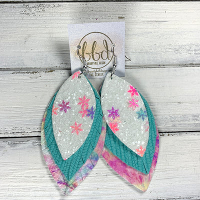GINGER - Leather Earrings  ||  <BR> CHUNKY SNOWFLAKE GLITTER (FAUX LEATHER), <BR> AQUA PALMS, <BR> TIE DYE