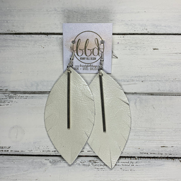 "RAISE THE BAR" <br> *3 SIZES AVAILABLE! <br> SUEDE + STEEL COLLECTION ||  Leather Earrings || <BR>  PEARL WHITE  *Choose size & bar finish!*
