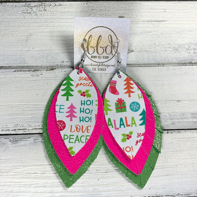 GINGER - Leather Earrings  ||  <BR> FALALA (FAUX LEATHER), <BR> MATTE NEON PINK, <BR> SHIMMER SPRING GREEN