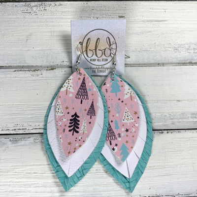 GINGER - Leather Earrings  ||  <BR> WHIMSICAL TREES ON PINK (FAUX LEATHER), <BR> MATTE WHITE, <BR> AQUA BRAID