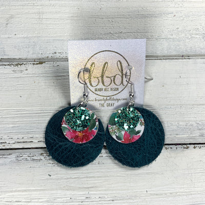 GRAY - Leather Earrings  ||    <BR> SEAFOAM GLITTER (FAUX LEATHER), <BR> POINSETTIA  (FAUX LEATHER),  <BR> DISTRESSED TEAL