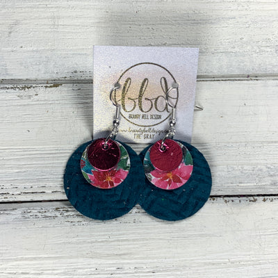 GRAY - Leather Earrings  ||    <BR> METALLIC PINK SMOOTH, <BR> POINSETTIAS  (FAUX LEATHER),  <BR> DARK TEAL BRAID