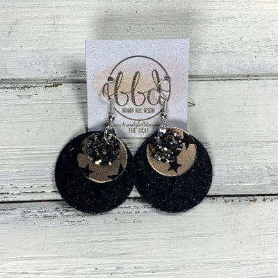 GRAY - Leather Earrings  ||    <BR> NEW YEARS EVE GLITTER (FAUX LEATHER), <BR> ROSE GOLD STARS  (FAUX LEATHER),  <BR> SHIMMER BLACK