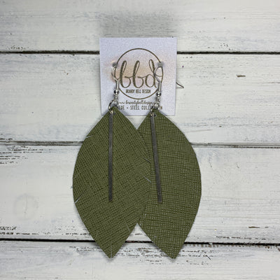 "RAISE THE BAR" <br> *3 SIZES AVAILABLE! <br> SUEDE + STEEL COLLECTION ||  Leather Earrings || <BR>  OLIVE GREEN SAFFIANO  *Choose size & bar finish!*