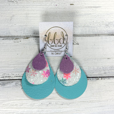LINDSEY - Leather Earrings  ||   <BR> SHIMMER LILAC, <BR> CHUNKY SNOWFLAKES  (FAUX LEATHER),  <BR> ROBINS EGG BLUE