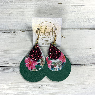 LINDSEY - Leather Earrings  ||   <BR> BURGUNDY GLITTER (FAUX LEATHER), <BR> POINSETTIAS  (FAUX LEATHER),  <BR> MATTE EMERALD GREEN
