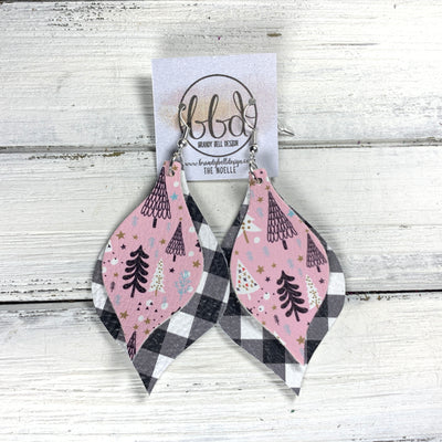 EVE - Leather Earrings  || <BR> WHIMSICAL TREES (NOT REAL LEATHER), <BR> RED WITH WHITE PETITE BUFFALO PLAID