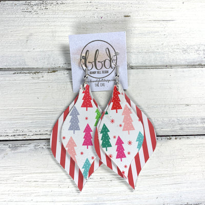 EVE - Leather Earrings  || <BR> MULTICOLOR TREES (NOT REAL LEATHER), <BR> RED & WHITE STRIPES