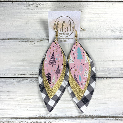 INDIA - Leather Earrings   ||  <BR> WHIMSICAL TREES (FAUX LEATHER),  <BR> METALLIC GOLD PEBBLED, <BR> PETITE BLACK & WHITE BUFFALO PLAID