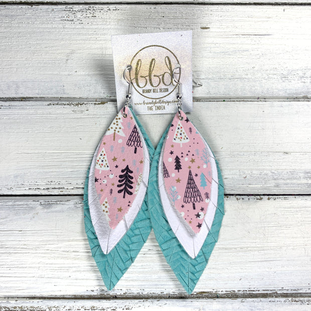 INDIA - Leather Earrings   ||  <BR> WHIMSICAL TREES (FAUX LEATHER),  <BR> MATTE WHITE, <BR> AQUA BRAID