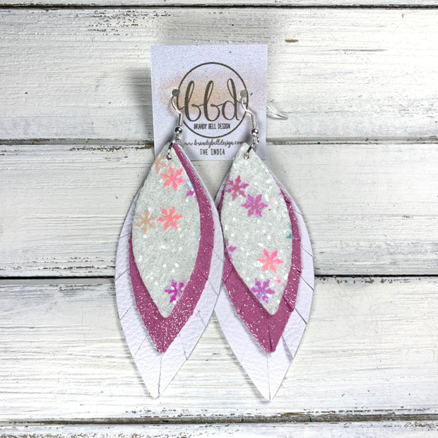 INDIA - Leather Earrings   ||  <BR> CHUNKY SNOWFLAKES (FAUX LEATHER),  <BR>  SHIMMER BUBBLEGUM PINK, <BR> MATTE WHITE