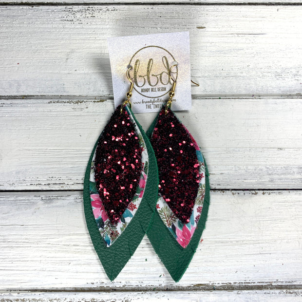 INDIA - Leather Earrings   ||  <BR> BURGUNDY GLITTER (FAUX LEATHER),  <BR>  POINSETTIAS (FAUX LEATHER), <BR> MATTE EMERALD GREEN