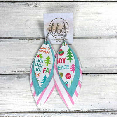 INDIA - Leather Earrings   ||  <BR> FALALA (FAUX LEATHER),  <BR>  ROBINS EGG BLUE, <BR> PINK & WHITE STRIPE