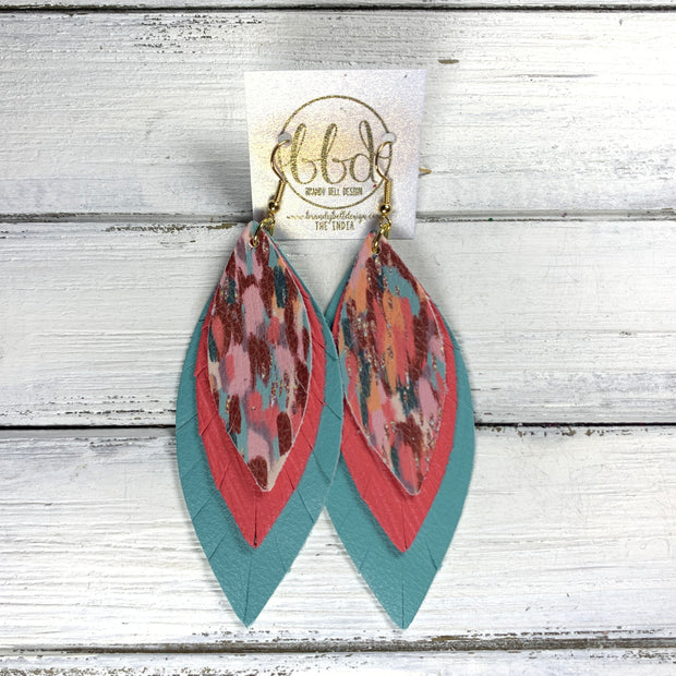 INDIA - Leather Earrings   ||  <BR> ABSTRACT AUTUMN  (FAUX LEATHER),  <BR>  CORAL/PINK PALMS, <BR> DUSTY AQUA