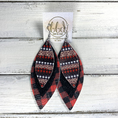 INDIA - Leather Earrings   ||  <BR> ANIMAL PRINT & BUFFALO PLAID  (FAUX LEATHER),  <BR>  SHIMMER BLACK, <BR> RED & BLACK PETITE PLAID