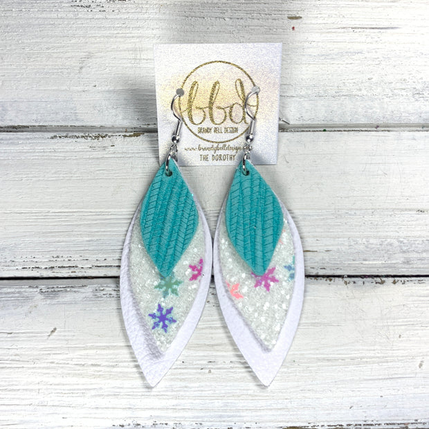 DOROTHY - Leather Earrings   ||  <BR> AQUA PALMS,  <BR>  CHUNKY SNOWFLAKES GLITTER (FAUX LEATHER), <BR> MATTE WHITE
