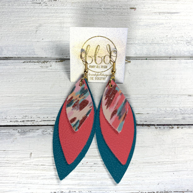 DOROTHY - Leather Earrings   ||  <BR> ABSTRACT AUTUM (FAUX LEATHER),  <BR>  MATTE CORAL/PINK, <BR> MATTE DARK TEAL