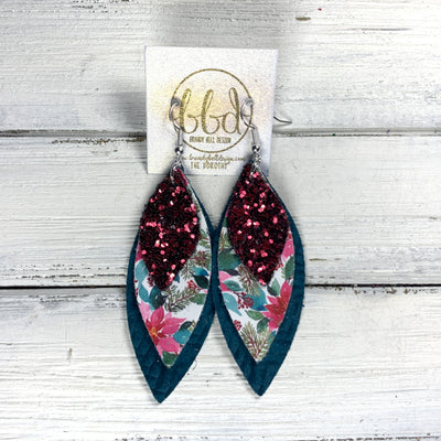 DOROTHY - Leather Earrings   ||  <BR> BURGUNDY GLITTER (FAUX LEATHER),  <BR>  POINSETTIAS (FAUX LEATHER), <BR> DARK TEAL BRAID