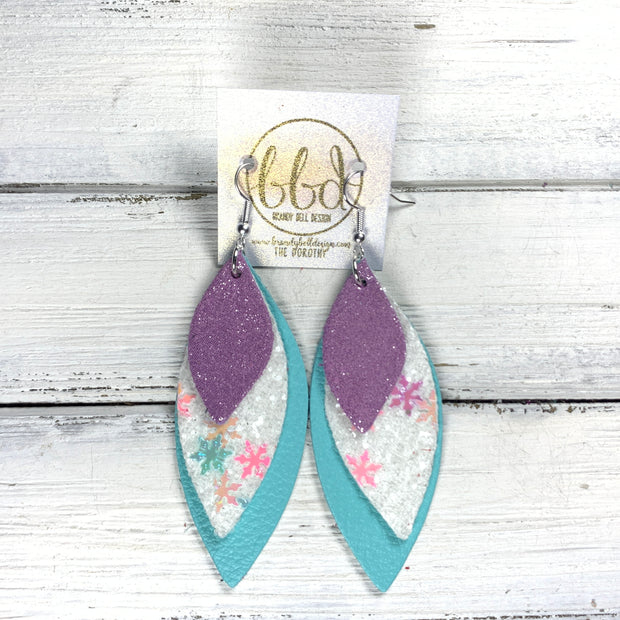 DOROTHY - Leather Earrings   ||  <BR> SHIMMER LILAC,  <BR>  CHUNKY SNOWFLAKES GLITTER (FAUX LEATHER), <BR> ROBINS EGG BLUE