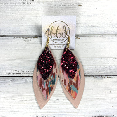 DOROTHY - Leather Earrings   ||  <BR> BURGUNDY GLITTER (FAUX LEATHER)  <BR>  ABSTRACT AUTUMN (FAUX LEATHER), <BR> MATTE BLUSH PINK