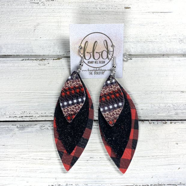DOROTHY - Leather Earrings   ||  <BR> ANIMAL PRINT & BUFFALO PLAID (FAUX LEATHER),  <BR>  SHIMMER BLACK, <BR> RED & BLACK PETITE BUFFALO PLAID