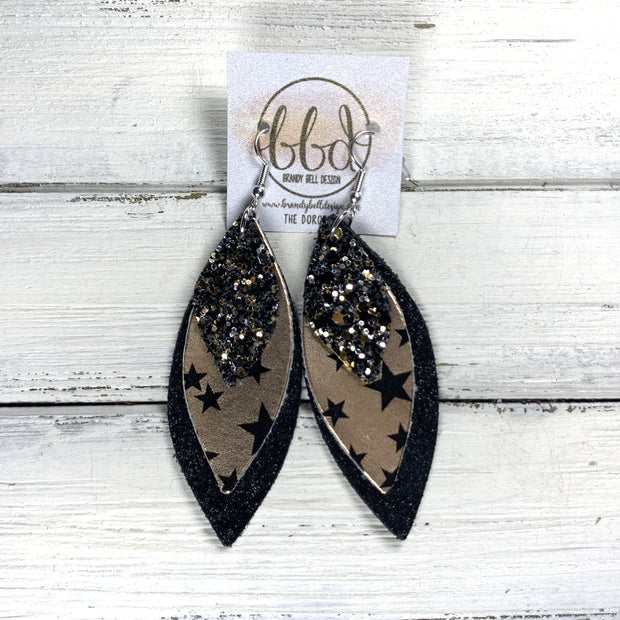 DOROTHY - Leather Earrings   ||  <BR> NEW YEARS EVE GLITTER (FAUX LEATHER),  <BR>  ROSE GOLD STARS, <BR> SHIMMER BLACK