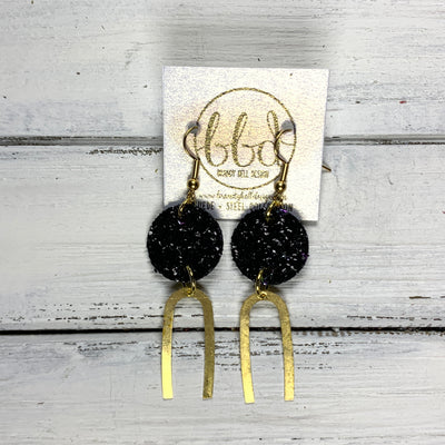 IRIS  ||  Leather Earrings || GOLD BRASS U-SHAPE, <BR> BLACK GLITTER ON CORK