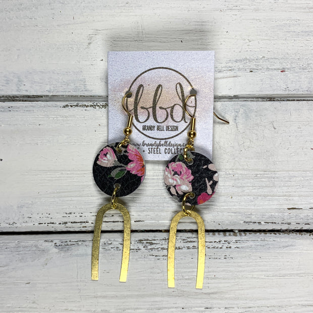 IRIS  ||  Leather Earrings || GOLD BRASS U-SHAPE, <BR> PINK FLORAL ON BLACK